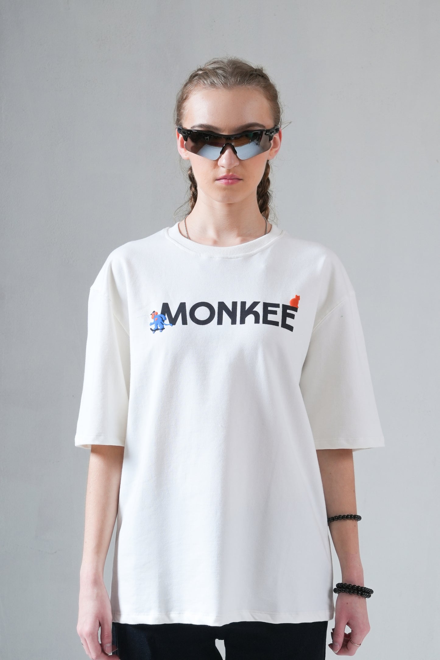 MONKEE “Street Story” Oversized Off-White T-Shirt – 280 GSM Heavyweight Cotton, Premium Streetwear with Screen & Puff Print (Unisex)