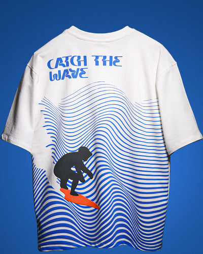 MONKEE “Catch The Wave” Oversized White T-Shirt – 240 GSM French Terry, Puff Print Surf Graphic, Unisex