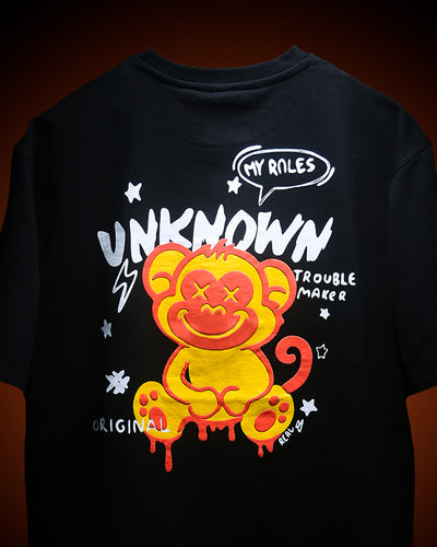 MONKEE “Unknown Rules” Oversized Black T-Shirt — 240 GSM French Terry, Puff + Screen Print, Unisex