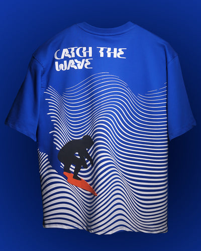 MONKEE “Catch The Wave” Oversized Blue T-Shirt – 240 GSM French Terry, Puff Print Surf Graphic, Unisex