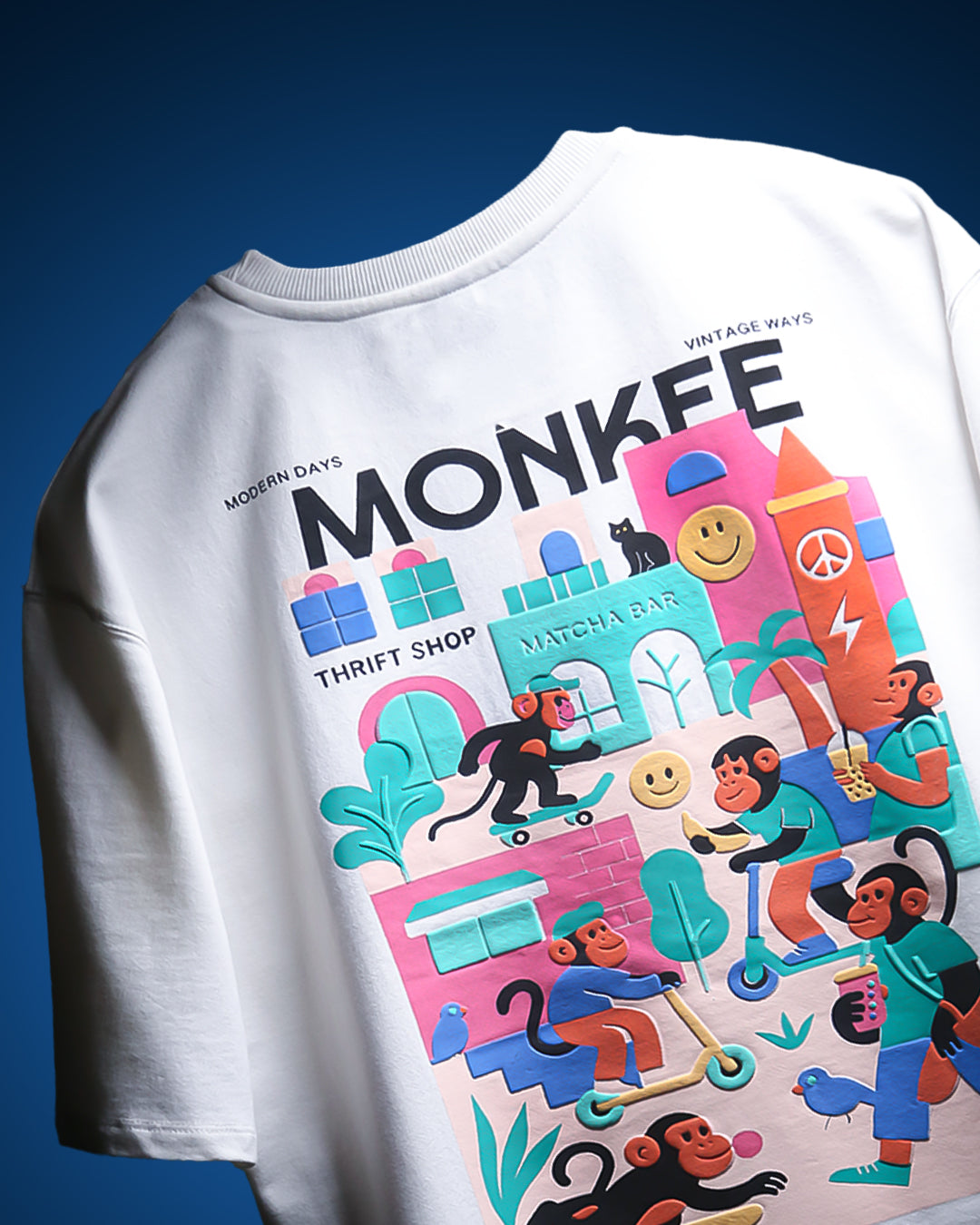 MONKEE “Street Story” Oversized Off-White T-Shirt – 280 GSM Heavyweight Cotton, Premium Streetwear with Screen & Puff Print (Unisex)