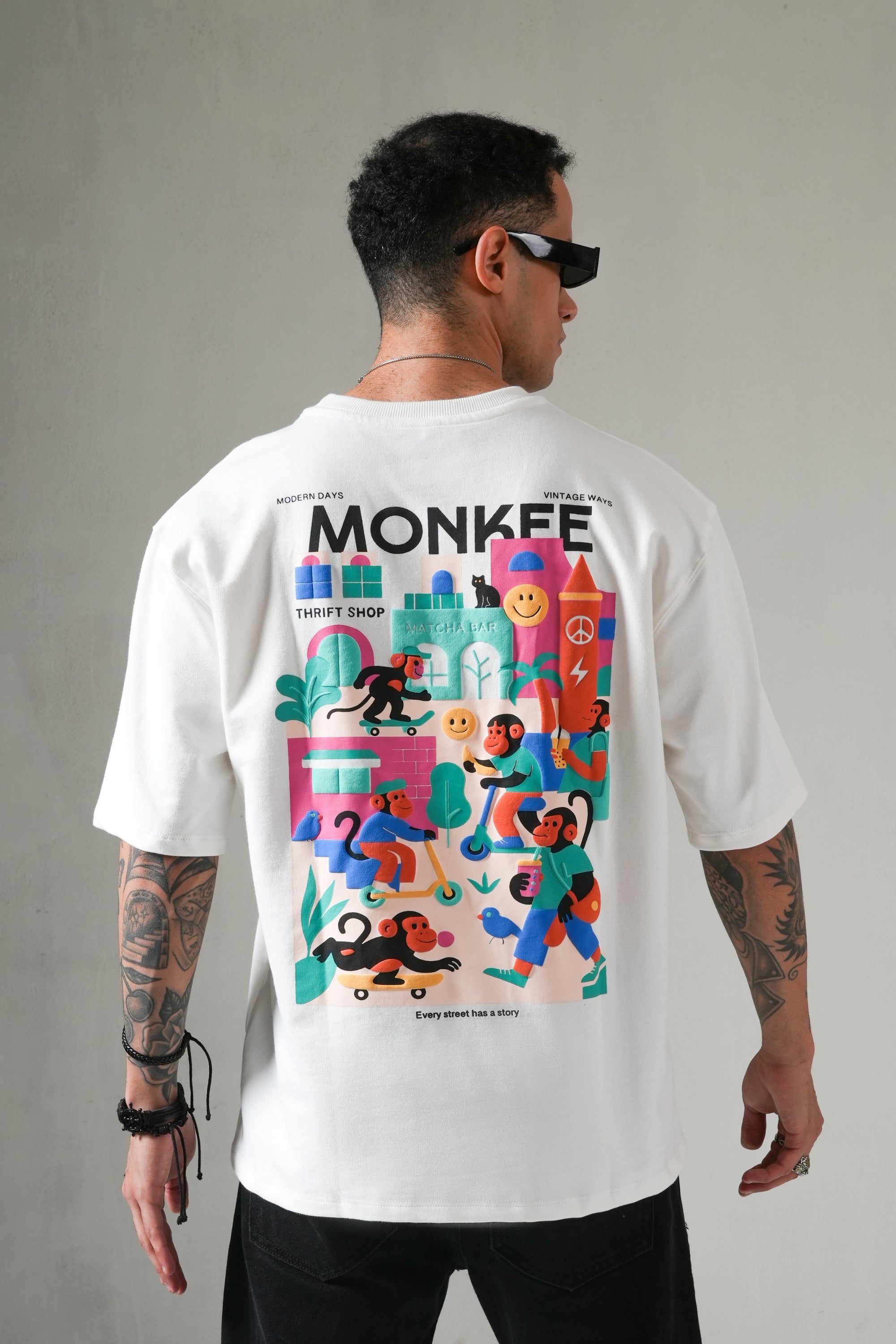 MONKEE “Street Story” Oversized Off-White T-Shirt – 280 GSM Heavyweight Cotton, Premium Streetwear with Screen & Puff Print (Unisex)