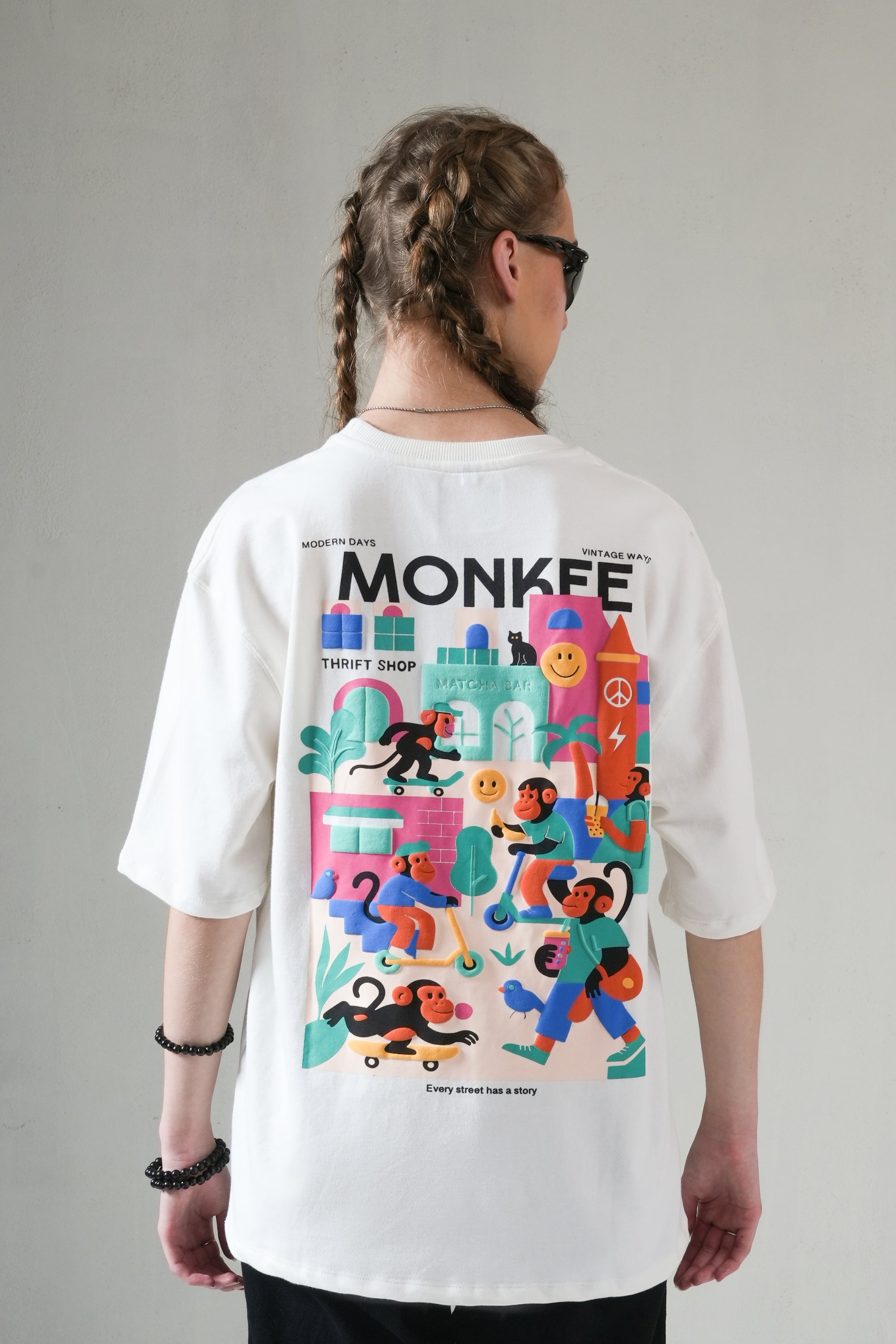MONKEE “Street Story” Oversized Off-White T-Shirt – 280 GSM Heavyweight Cotton, Premium Streetwear with Screen & Puff Print (Unisex)