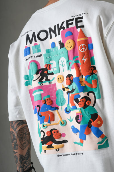 MONKEE “Street Story” Oversized Off-White T-Shirt – 280 GSM Heavyweight Cotton, Premium Streetwear with Screen & Puff Print (Unisex)