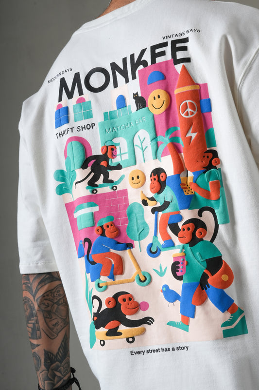 MONKEE “Street Story” Oversized Off-White T-Shirt – 280 GSM Heavyweight Cotton, Premium Streetwear with Screen & Puff Print (Unisex)