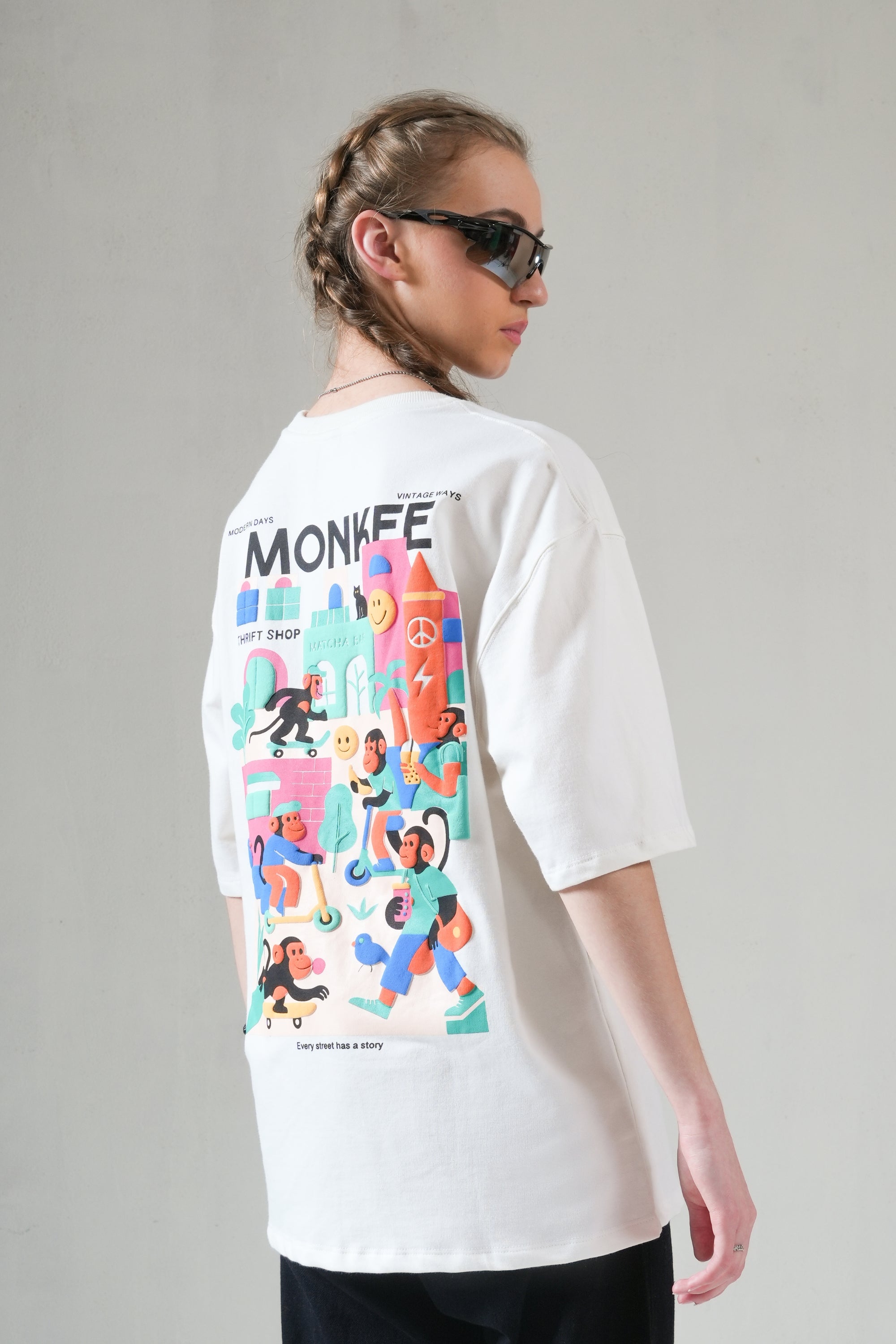 MONKEE “Street Story” Oversized Off-White T-Shirt – 280 GSM Heavyweight Cotton, Premium Streetwear with Screen & Puff Print (Unisex)