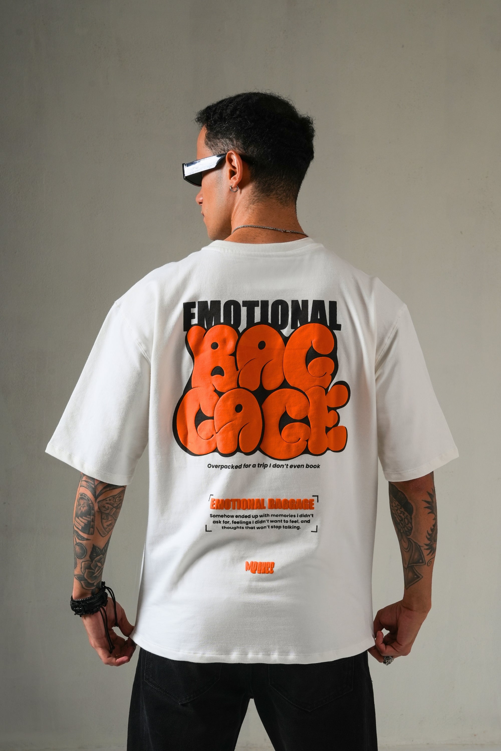 MONKEE “Emotional Baggage” Oversized Off-White T-Shirt – Premium Cotton Streetwear Unisex Tee