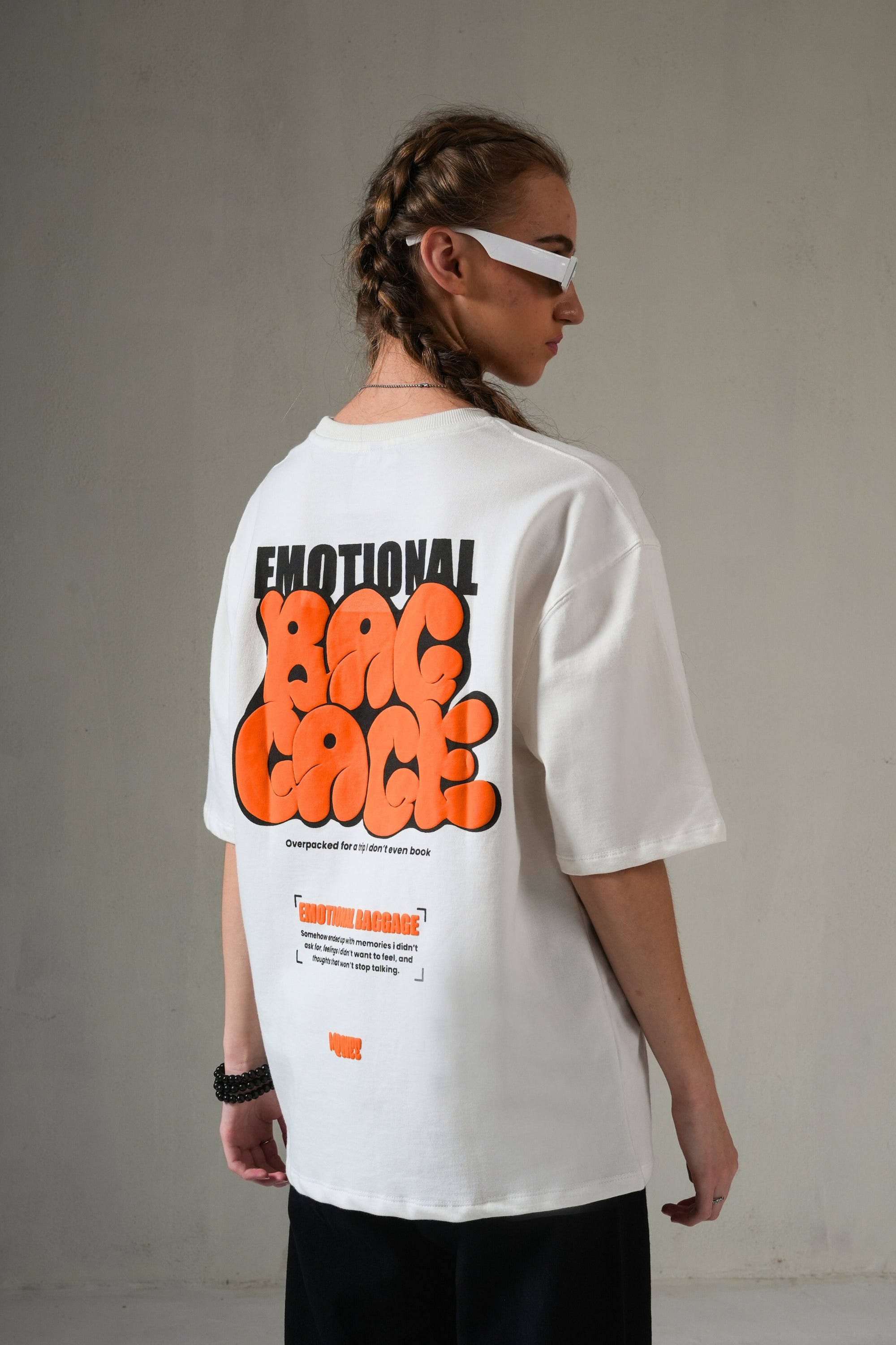 MONKEE “Emotional Baggage” Oversized Off-White T-Shirt – Premium Cotton Streetwear Unisex Tee