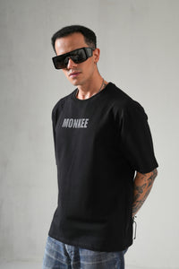 MONKEE ESSENTIALS PLAIN OVERSIZED BLACK T-SHIRT - HEAVY FRENCH TERRY COTTON (BLACK)