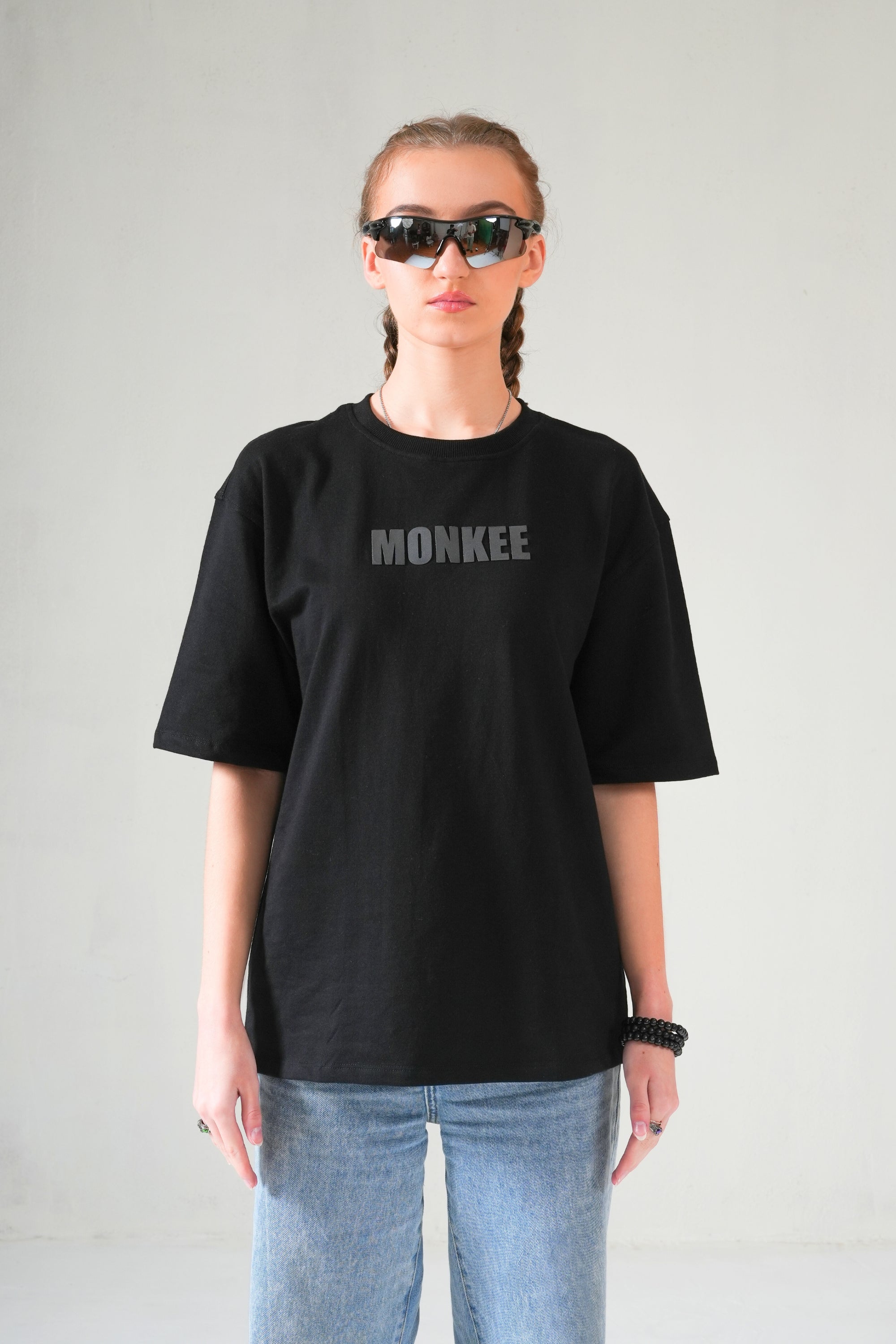 MONKEE ESSENTIALS PLAIN OVERSIZED BLACK T-SHIRT - HEAVY FRENCH TERRY COTTON (BLACK)