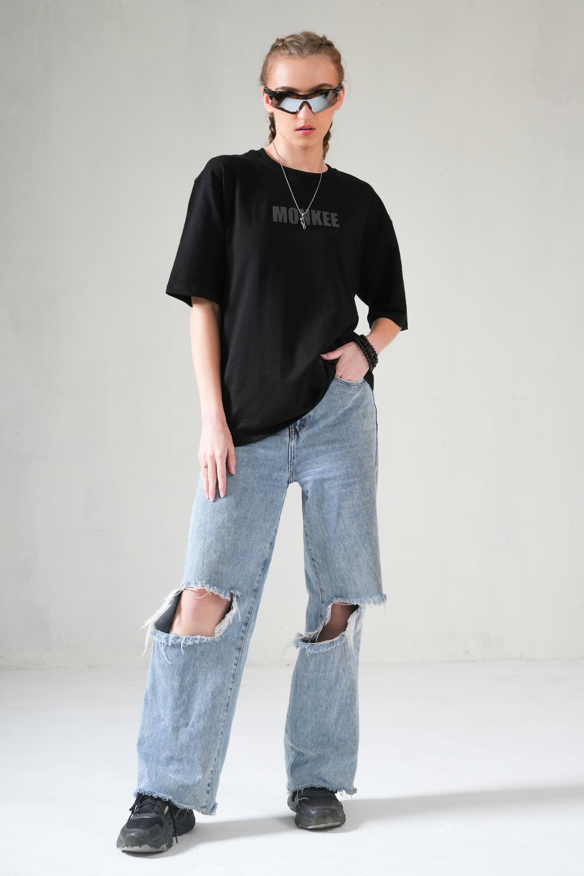 MONKEE ESSENTIALS PLAIN OVERSIZED BLACK T-SHIRT - HEAVY FRENCH TERRY COTTON (BLACK)