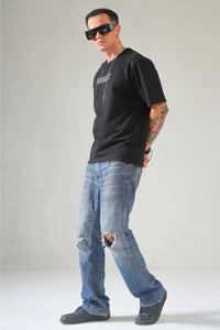 MONKEE ESSENTIALS PLAIN OVERSIZED BLACK T-SHIRT - HEAVY FRENCH TERRY COTTON (BLACK)