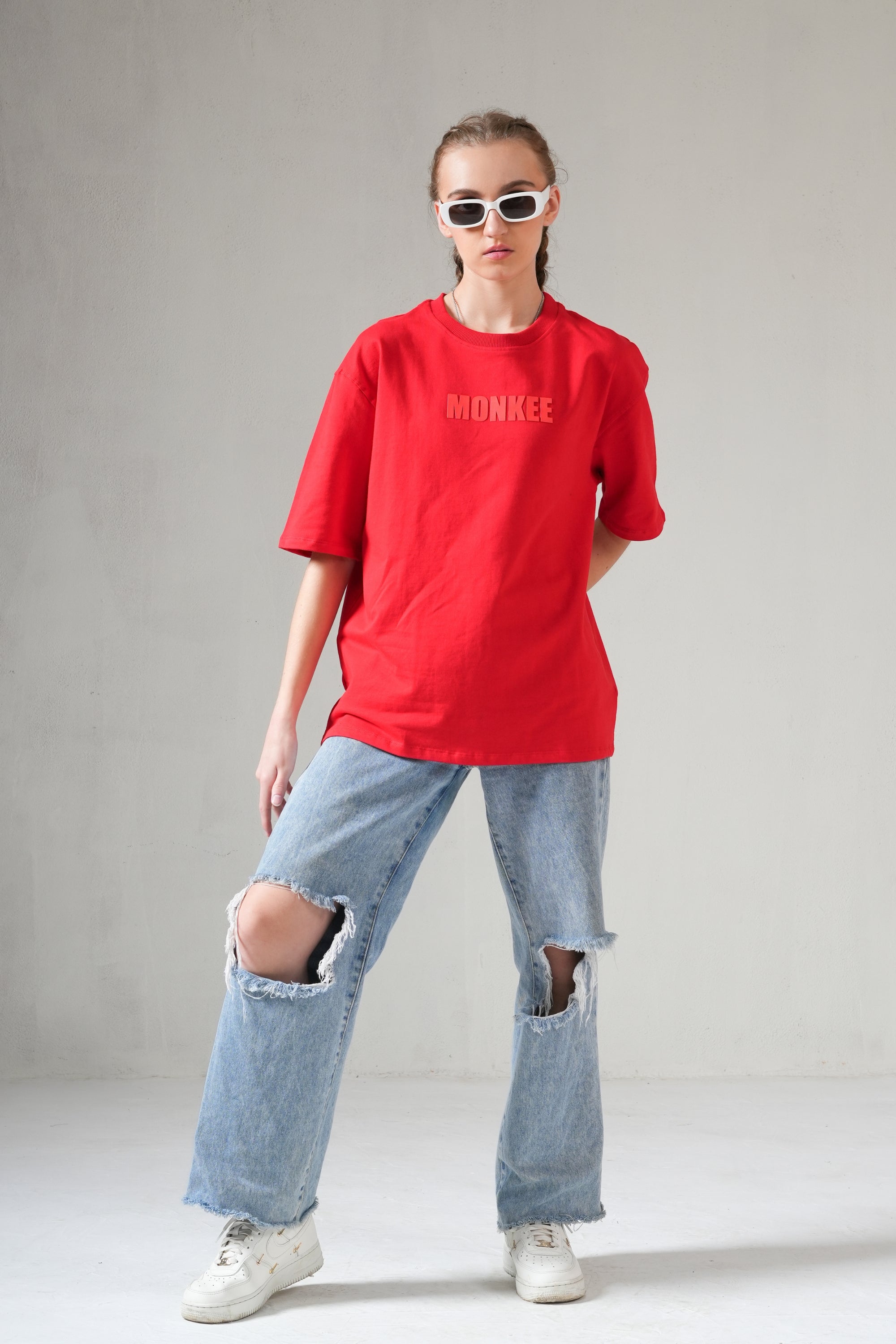 MONKEE ESSENTIALS OVERSIZED T-SHIRT - HEAVY FRENCH TERRY COTTON (RED)