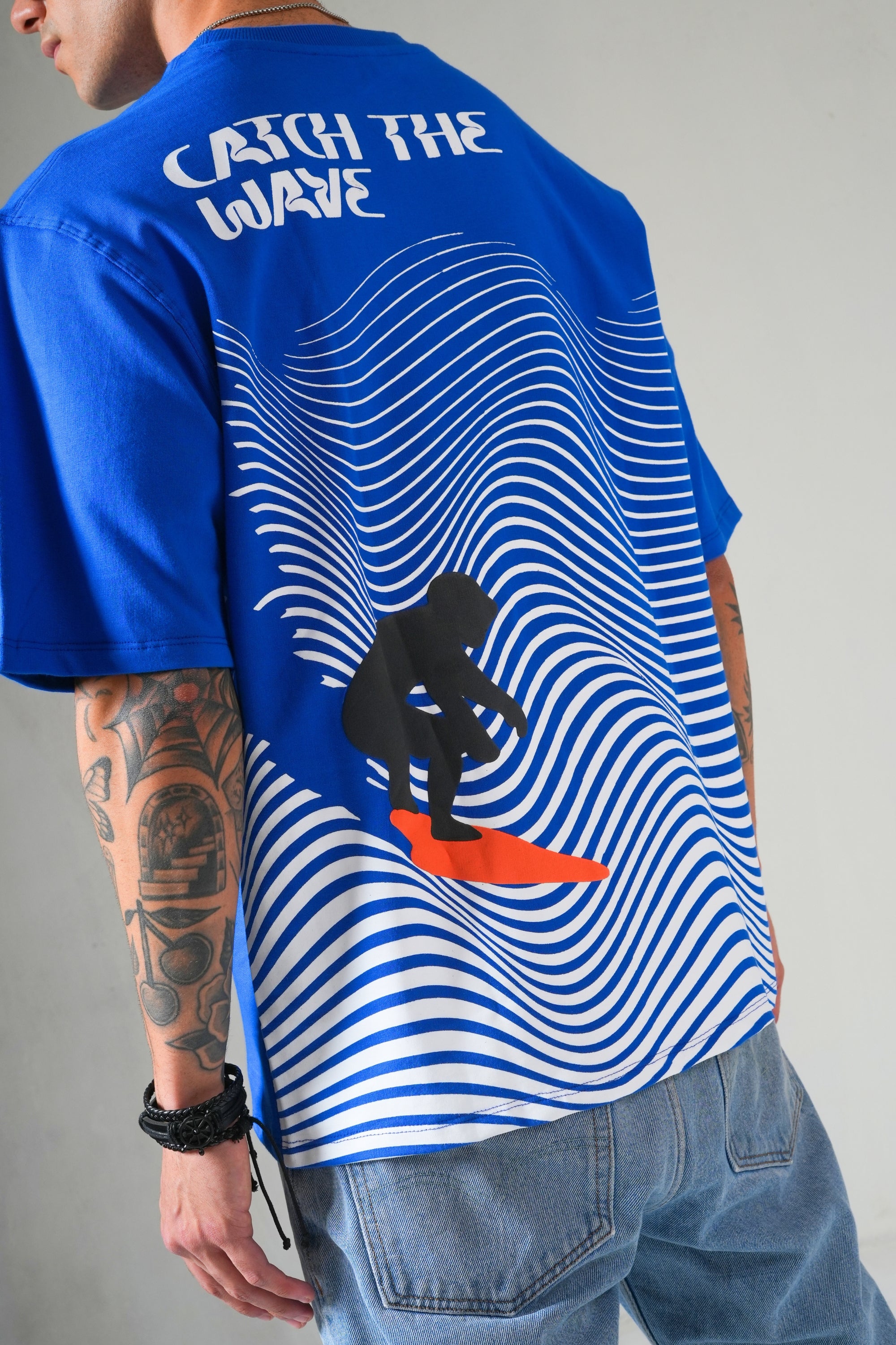 MONKEE “Catch The Wave” Oversized Blue T-Shirt – 240 GSM French Terry, Puff Print Surf Graphic, Unisex