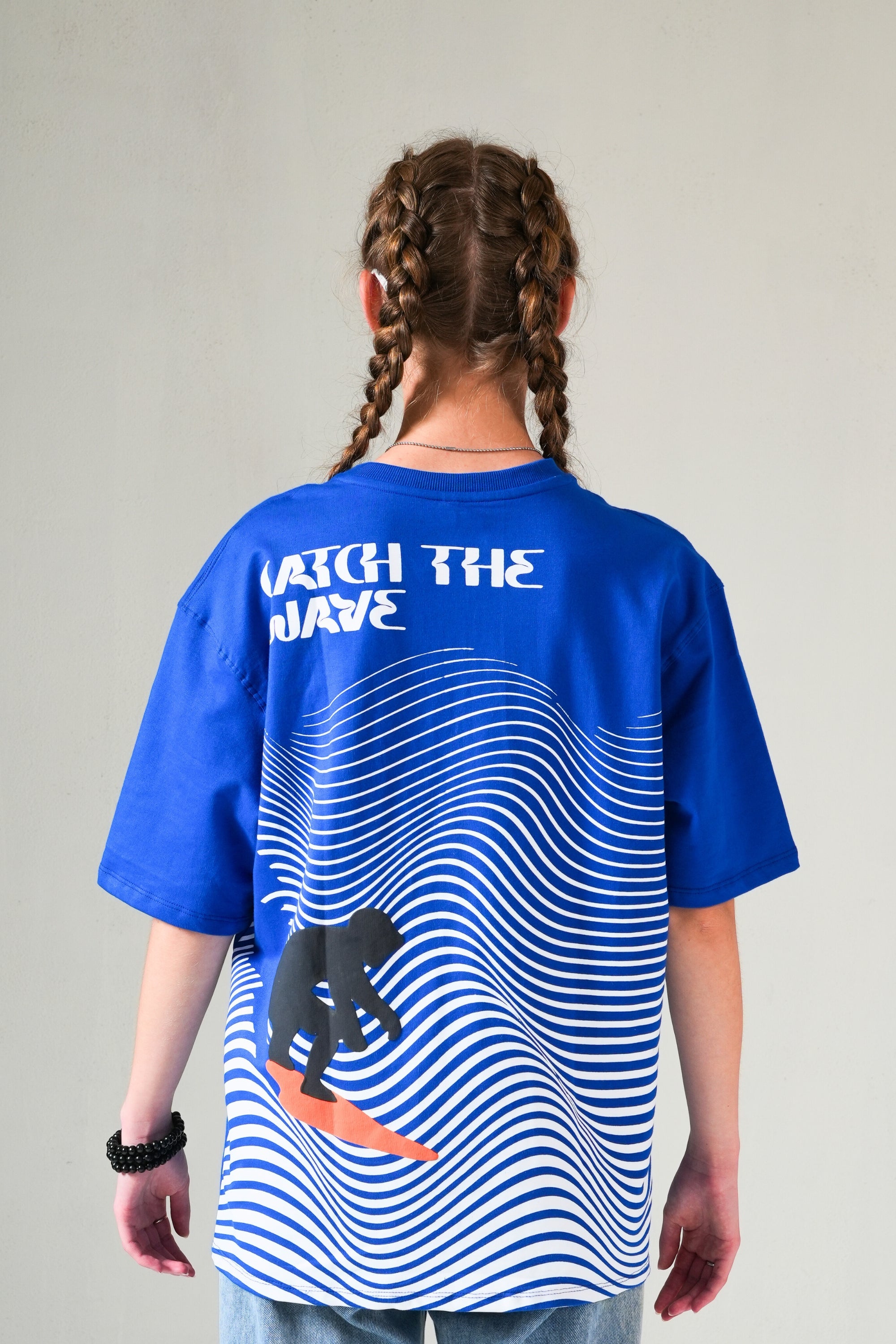 MONKEE “Catch The Wave” Oversized Blue T-Shirt – 240 GSM French Terry, Puff Print Surf Graphic, Unisex