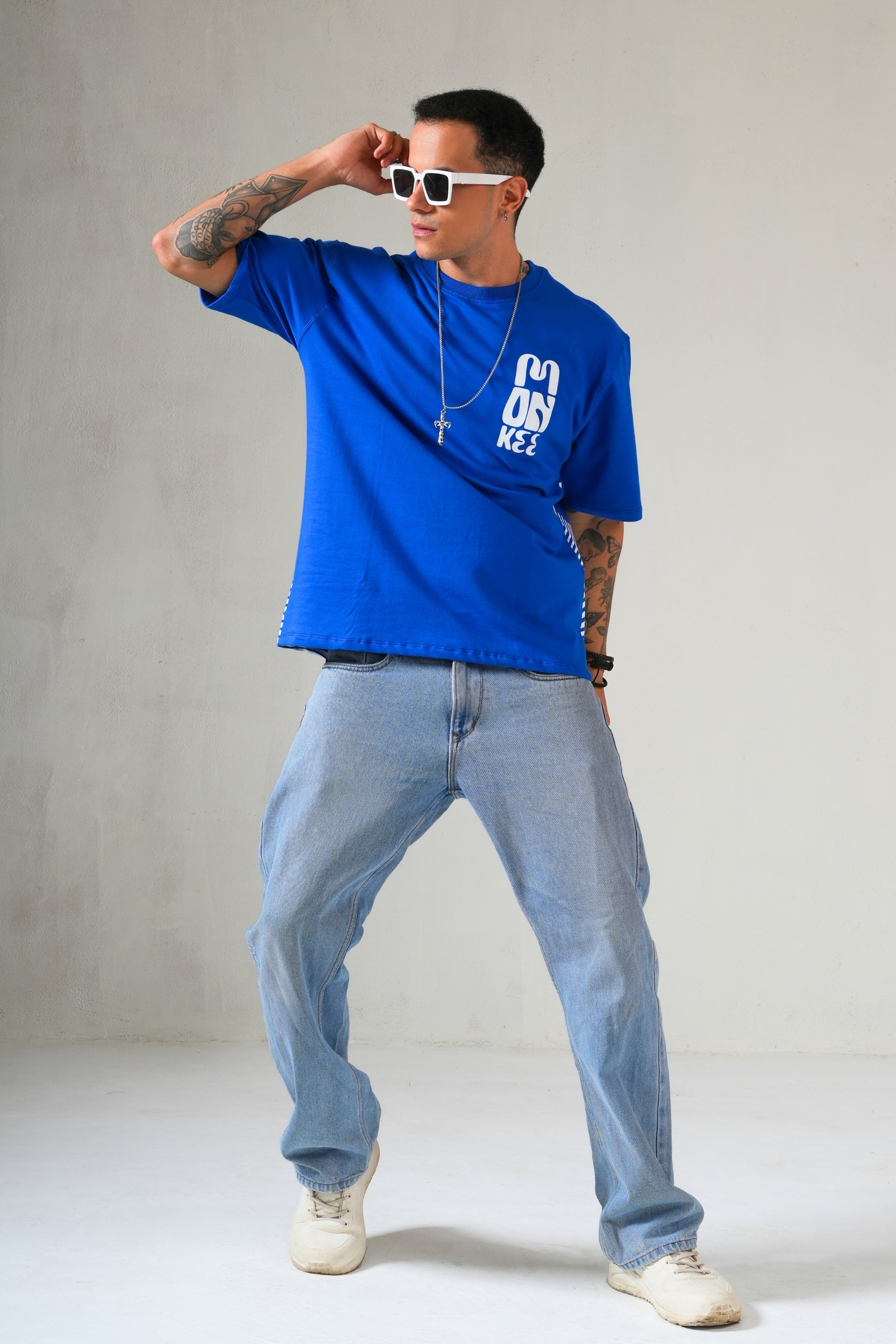 MONKEE “Catch The Wave” Oversized Blue T-Shirt – 240 GSM French Terry, Puff Print Surf Graphic, Unisex