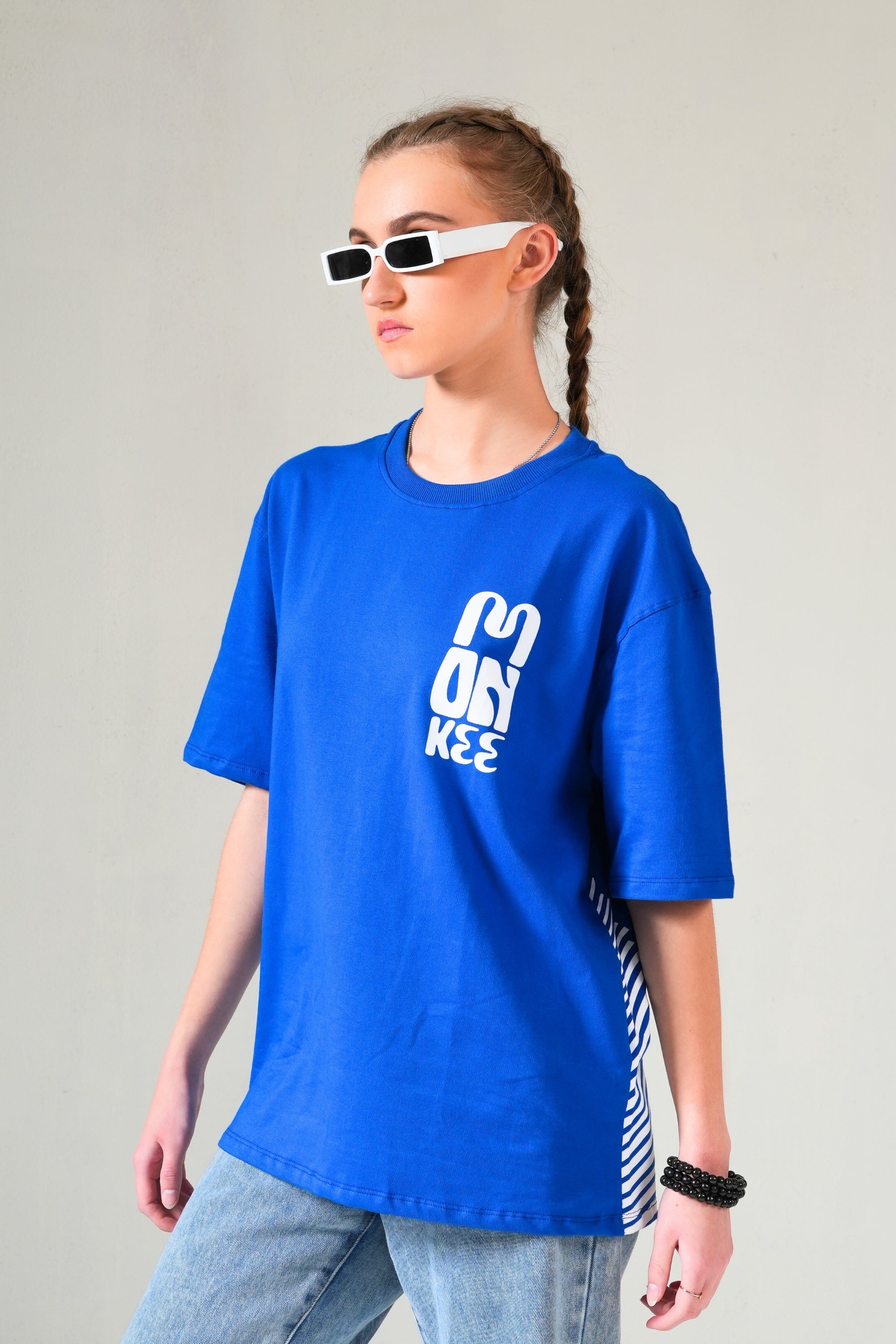 MONKEE “Catch The Wave” Oversized Blue T-Shirt – 240 GSM French Terry, Puff Print Surf Graphic, Unisex
