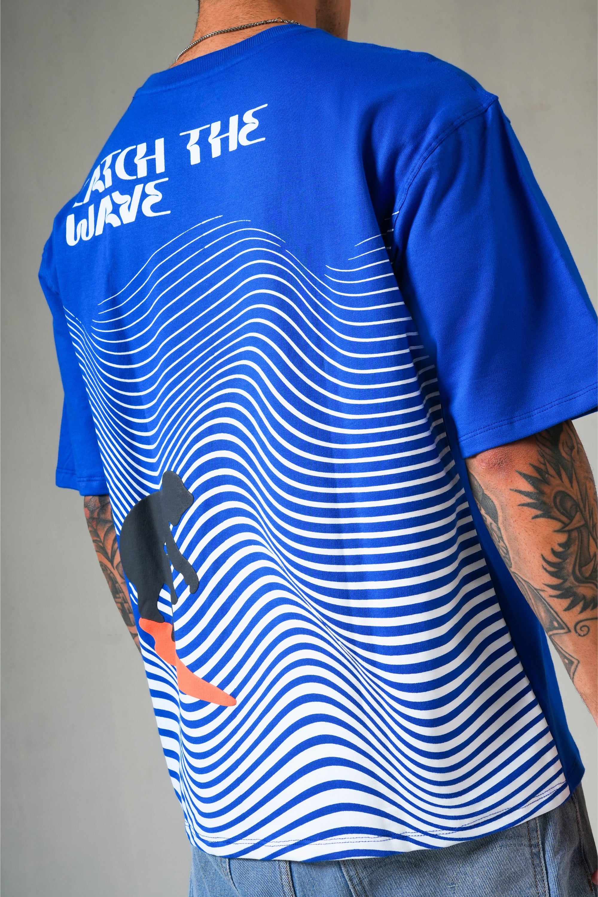 MONKEE “Catch The Wave” Oversized Blue T-Shirt – 240 GSM French Terry, Puff Print Surf Graphic, Unisex