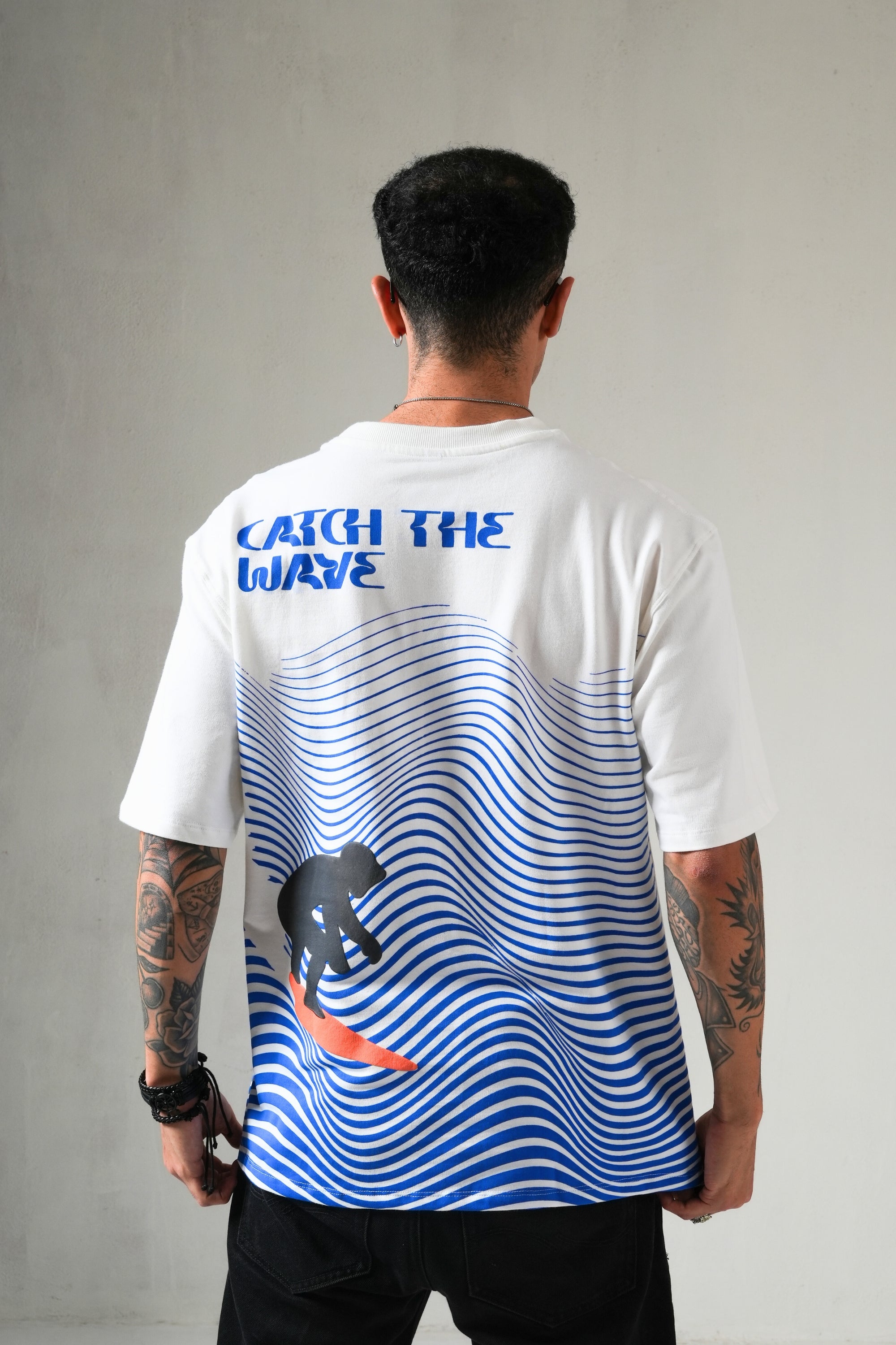 MONKEE “Catch The Wave” Oversized White T-Shirt – 240 GSM French Terry, Puff Print Surf Graphic, Unisex
