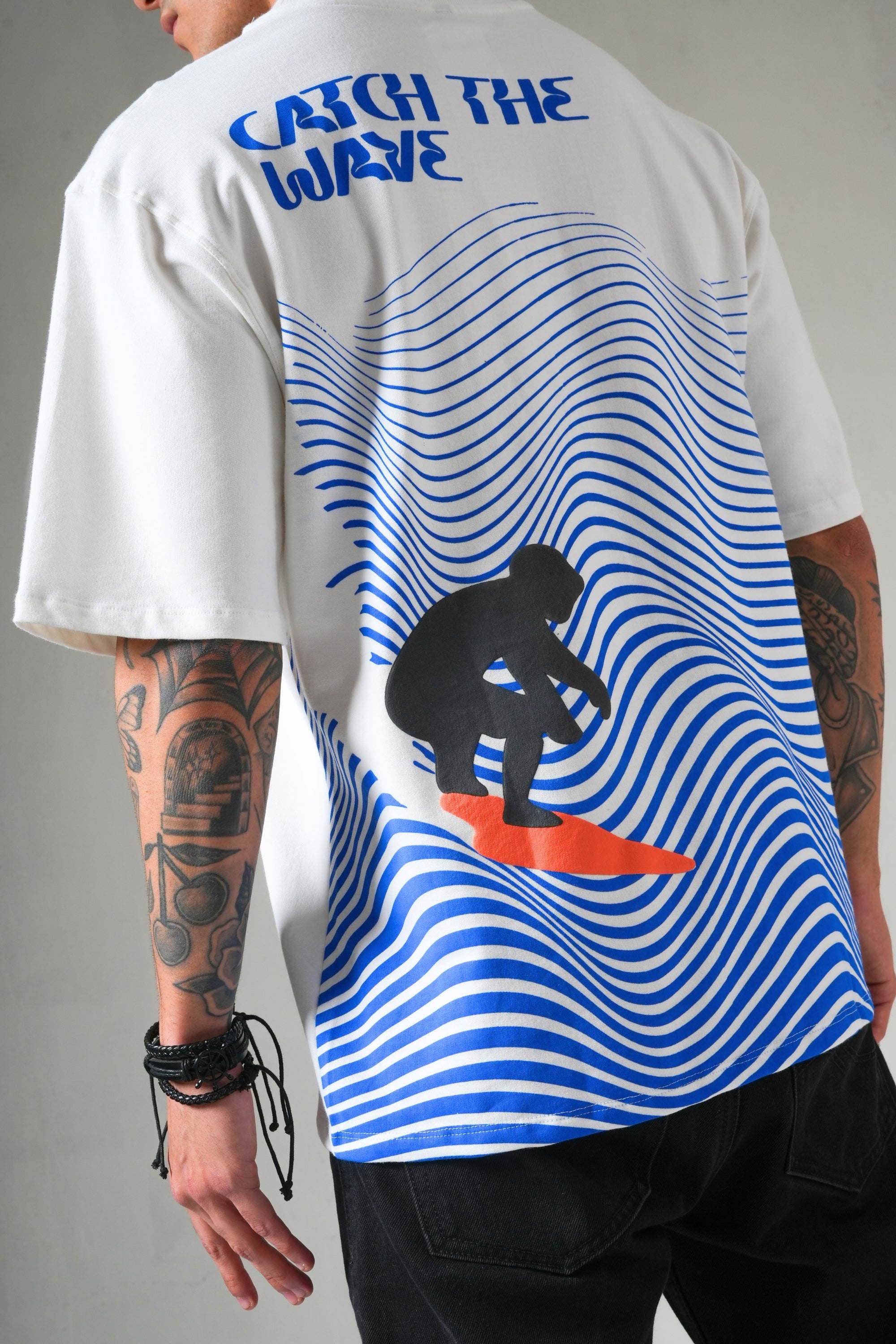MONKEE “Catch The Wave” Oversized White T-Shirt – 240 GSM French Terry, Puff Print Surf Graphic, Unisex