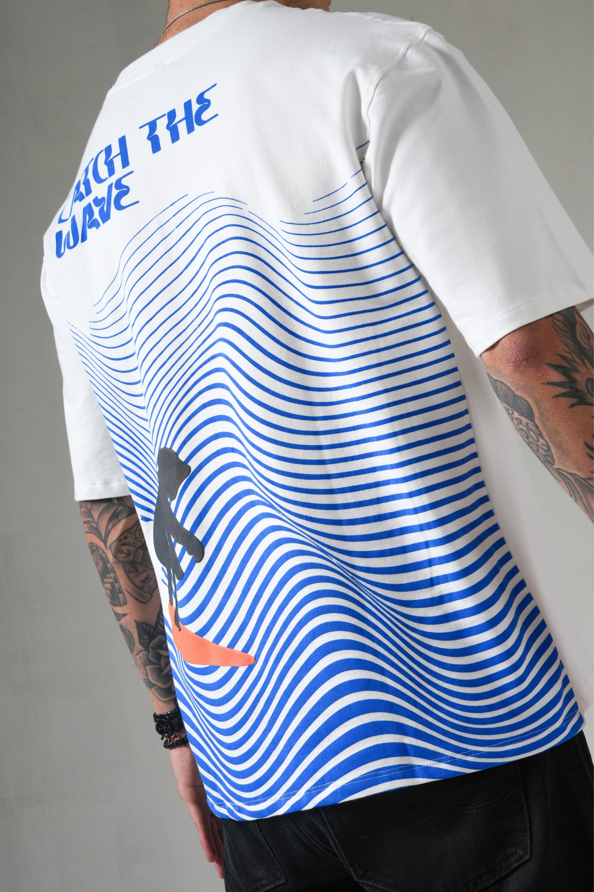 MONKEE “Catch The Wave” Oversized White T-Shirt – 240 GSM French Terry, Puff Print Surf Graphic, Unisex