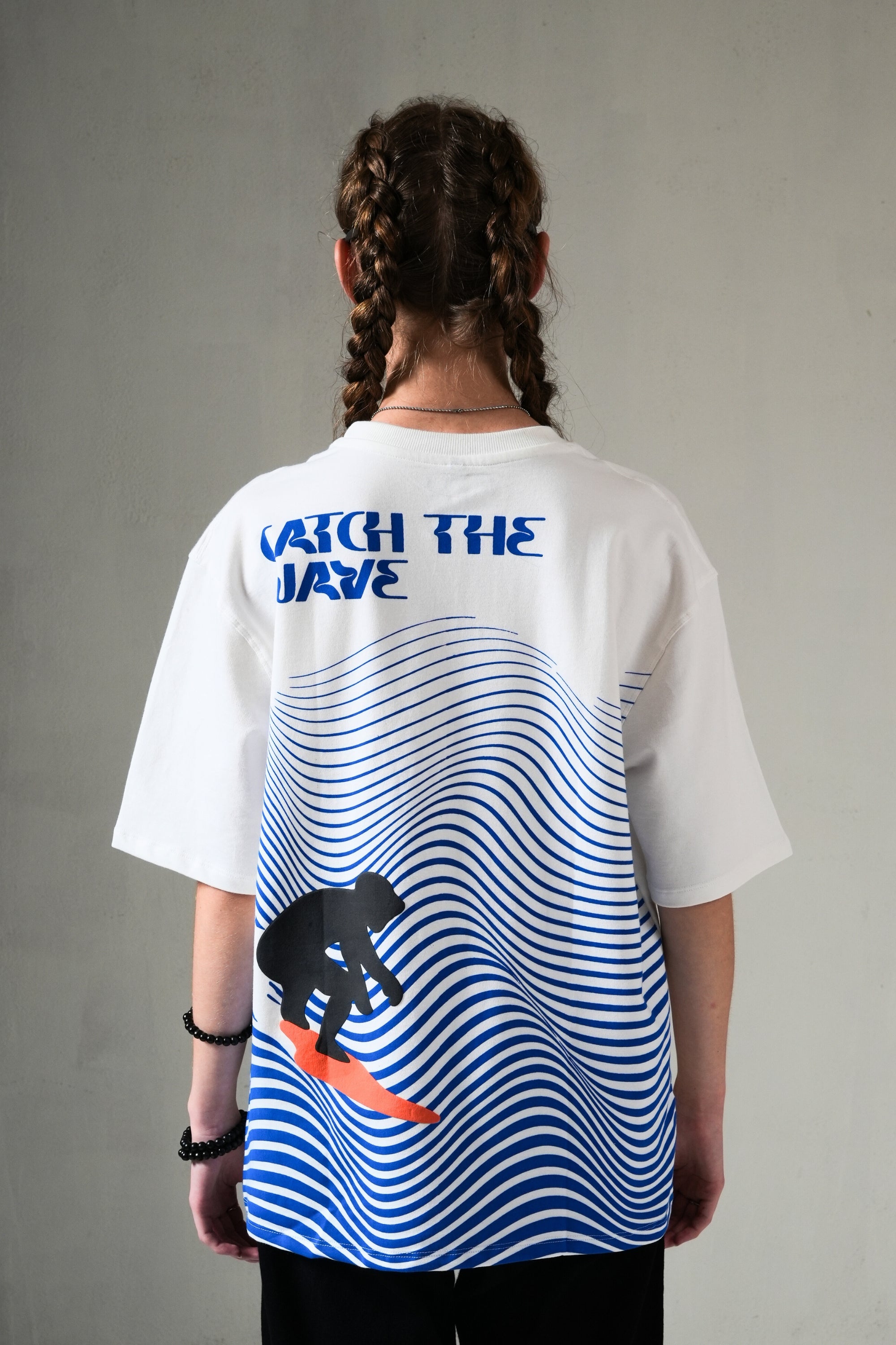MONKEE “Catch The Wave” Oversized White T-Shirt – 240 GSM French Terry, Puff Print Surf Graphic, Unisex